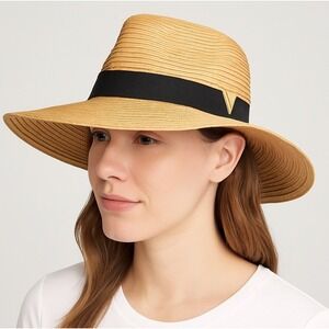 Vince Camuto Women's Tan Wide Brim Sun‎ Hat OS Black Band Gold V Packable Resort